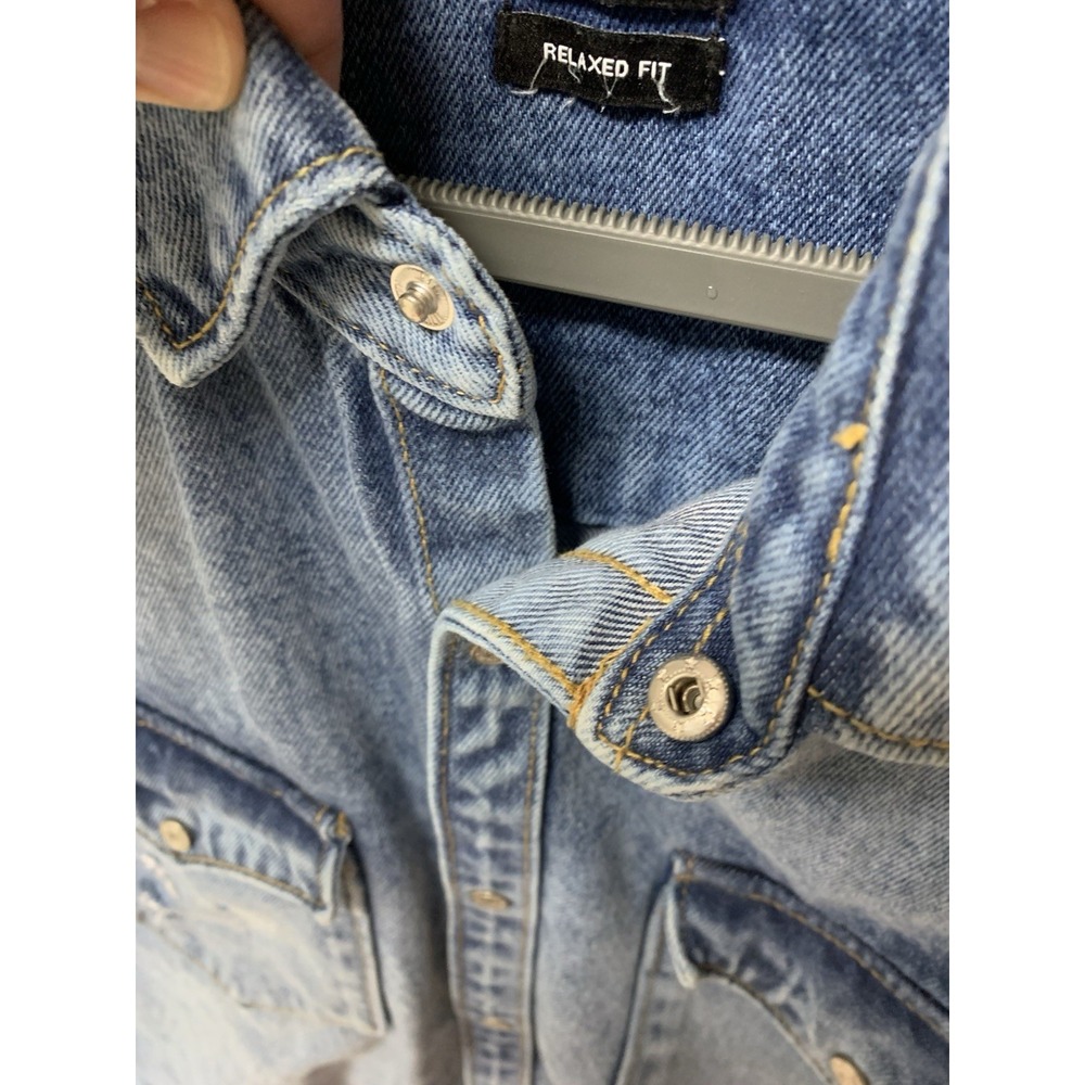 Zara Denim Shacket Mens XL Blue Metal Snap Shirt Jacket Distress Relaxed Fit - Picture 8 of 14